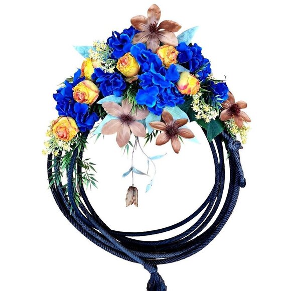 COUNTRY WESTERN Lariat Rope Wreath with blue hydrangea, orange roses, clematis. - Picture 2 of 7